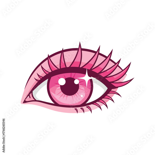 Vibrant pink anime eye with sparkling highlights and long lashes kawaii style illustration vector