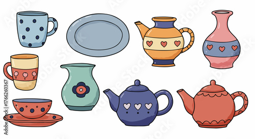 Colorful ceramic tableware collection with transparent background
