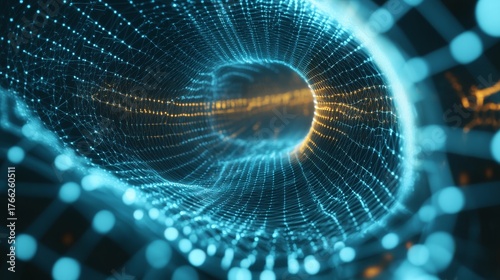 Quantum data wormhole perspective with hexagonal wireframe structure, swirling digital particles, neon edge highlights, infinite recursive patterns, advanced technology visualization, 3D volumetric