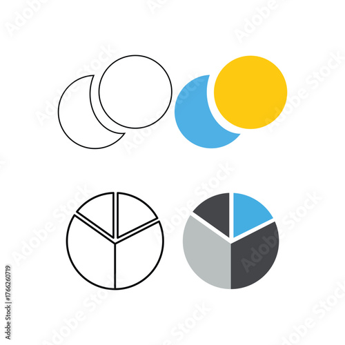 Set of icons representing day and night cycle alongside pie chart variations for data visualization