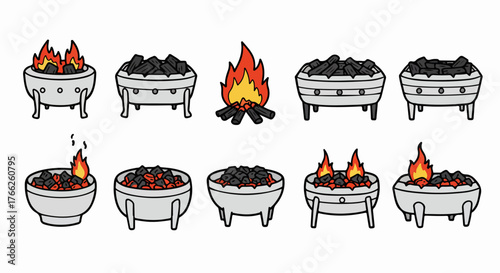 Fire stages in a grill with coals