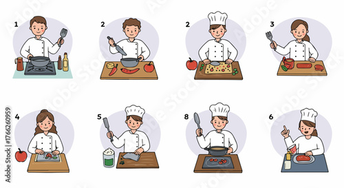 Cooking process steps with a chef preparing food