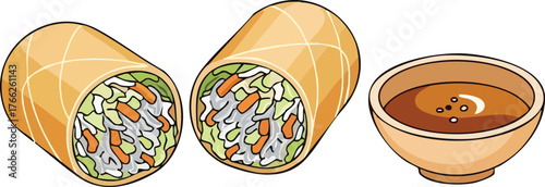 A cut vegetable spring roll, showing the filling, served with a side of dipping sauce in a bowl.