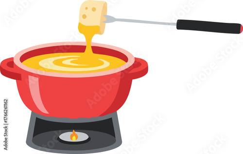 A piece of bread is being dipped into a red pot of melted cheese fondue on a burner.