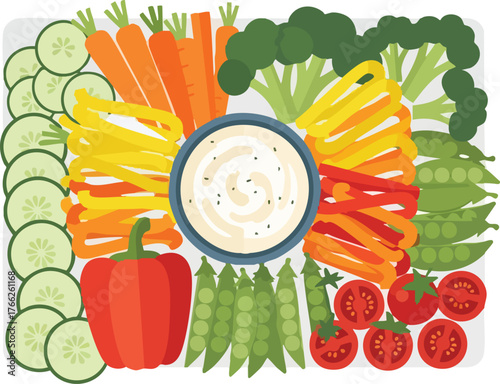 Colorful vegetable platter with fresh cut veggies and creamy dip arranged on a white serving tray for a healthy snack or appetizer.
