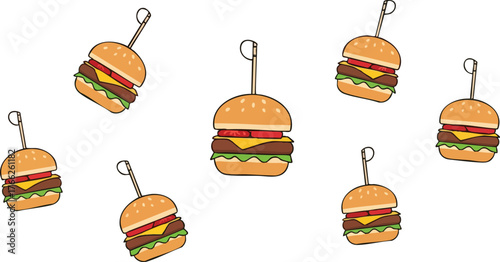 An illustration of several delicious burgers, each with a skewer, ready to be enjoyed.
