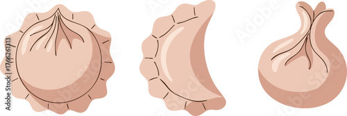 Three dumplings in different perspectives, showing the details of the dough and folds.