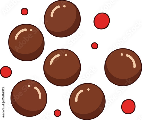 Illustration of brown tapioca pearls and small red dots scattered on a white background.