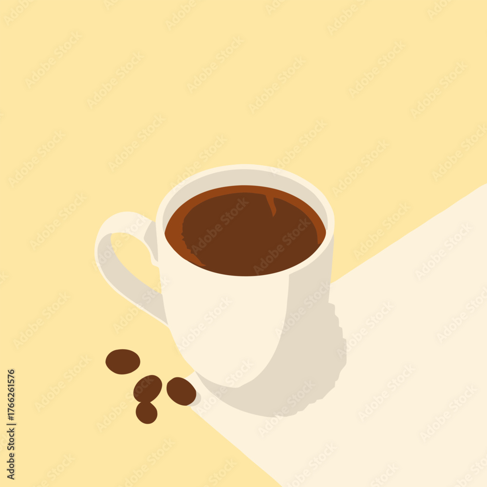 Obraz premium A white mug filled with dark coffee, with coffee beans scattered nearby, on a light yellow surface.