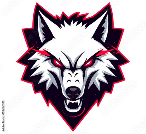An intense, frontal view white wolf head logo with glowing red eyes and an aggressive snarl, rendered in a modern eSports mascot style with distressed background elements.