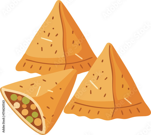 Three golden brown samosas, triangular pastries with visible filling, arranged on a surface.