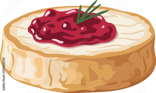 A close-up illustration of a round brie cheese topped with a vibrant red jam and a sprig of rosemary.