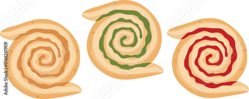 Three pinwheel cookies with different fillings: caramel, pistachio, and raspberry.