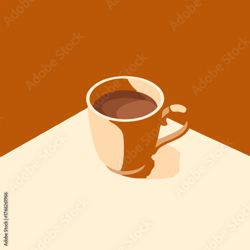 A warm cup of coffee sits on a light-colored surface with a warm brown background.