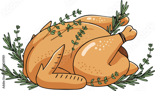 A beautifully roasted whole chicken or turkey, golden brown and garnished with fresh rosemary and thyme, ready for a festive meal.