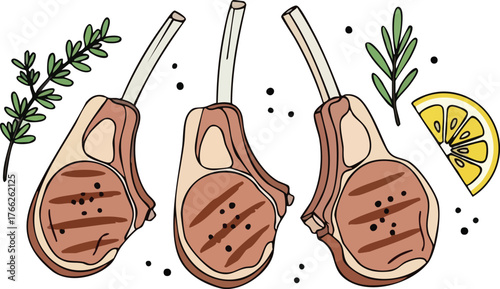 Hand-drawn illustration of three grilled lamb chops seasoned with pepper, garnished with rosemary, thyme, and a lemon wedge.