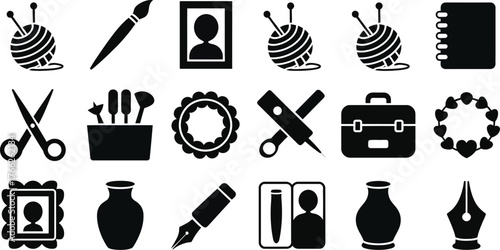 Arts and crafts solid icon set featuring silhouette and filled creative hobby symbols, including scissors, paintbrush, glue, and crafting tools for Diy projects and artistic design illustration