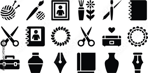Arts and crafts solid icon set featuring silhouette and filled creative hobby symbols, including scissors, paintbrush, glue, and crafting tools for Diy projects and artistic design illustration