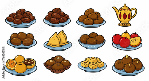 Middle Eastern sweets and tea set on plates