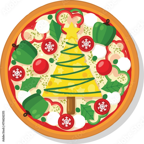A festive Christmas pizza decorated with a cheese Christmas tree, star, snowflakes, red and green peppers, and cherry tomatoes.