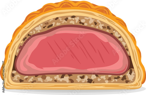 Cross-section illustration of a Beef Wellington, showcasing the layers of pastry and filling.