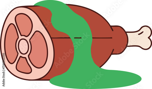 Illustration of a ham hock with green sauce on a white background.