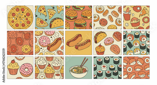 Seamless pattern of various food items and snacks