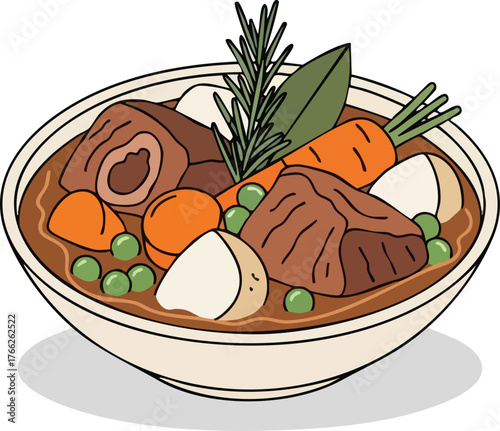 A hearty bowl of beef stew with chunks of meat, carrots, potatoes, and peas, garnished with rosemary and a bay leaf.