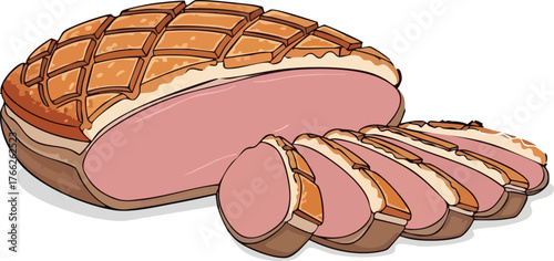 Illustration of a roasted and sliced meat joint, possibly duck breast or ham, with a scored crispy skin, on a white background.