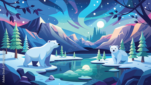 Majestic polar bears under aurora borealis in icy Arctic landscape, night sky reflection vector illustration for nature and winter backgrounds.