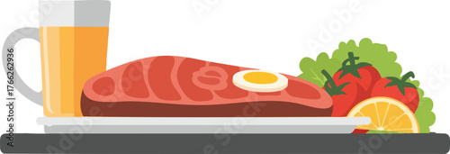 Illustration of a steak with an egg, tomatoes, lettuce, and a glass of juice on a plate.