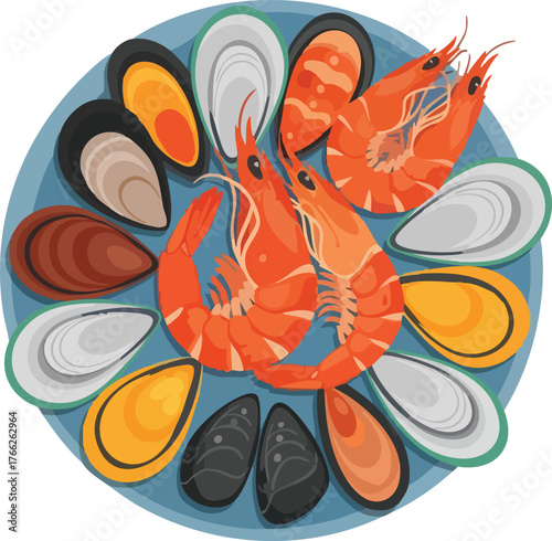 A vibrant platter of fresh seafood, featuring succulent shrimp and a variety of mussels and clams arranged artfully on a blue plate.