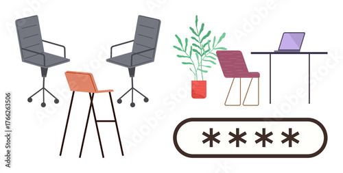 Office setup featuring ergonomic chairs, tall stool, desk, laptop, potted plant, and password field. Ideal for coworking, technology, security productivity innovation minimalism workspace