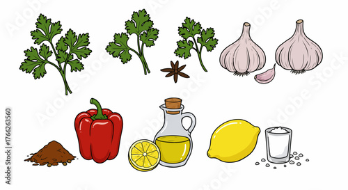 Cooking ingredients parsley garlic lemon pepper spices with transparent background