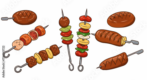 Grilled meat skewers and patties on metal skewers