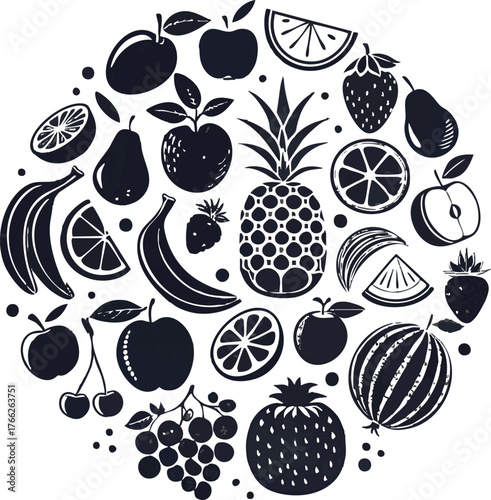 A Whimsical Silhouette Collage of Fresh Fruits in a Circular Arrangement
