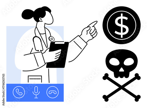Female doctor holding clipboard during video consultation, pointing towards dollar and skull icons. Ideal for telemedicine, healthcare costs, risk management, virtual communication, financial aid