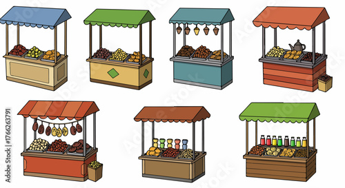 Market stalls with food and sweets display