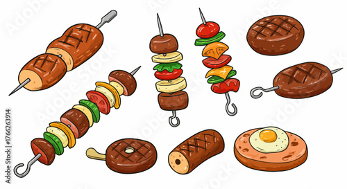 Grilled meat skewers and patties for barbecue menu