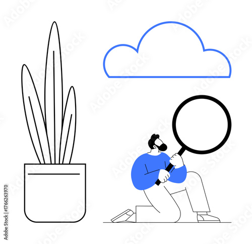 Person kneeling with magnifying glass investigating large potted plant under a cloud outline. Ideal for research, discovery, environment, analytics, exploration, innovation, education concepts in