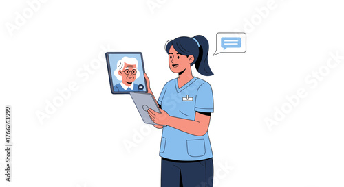 Caring nurse connects with elderly patient via telehealth on tablet device, providing virtual support and healthcare services with compassion and technology