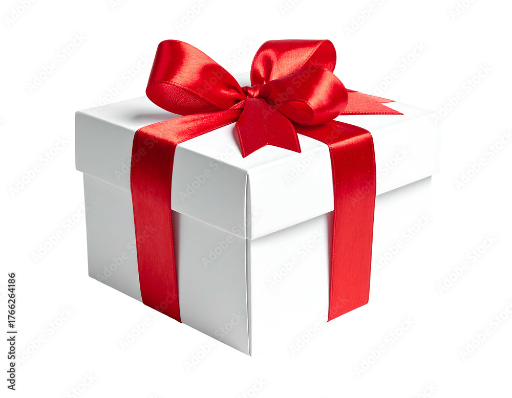 Obraz premium White box with red satin ribbon bow against a black background, ready for a holiday