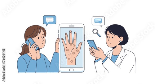 Concerned patient consults doctor via telehealth for skin condition, using mobile phone for remote diagnosis and medical advice with modern digital healthcare