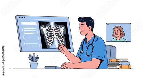 Friendly doctor reviews chest X-ray during telehealth consultation, offering expert medical advice and compassionate care in a modern clinic setting