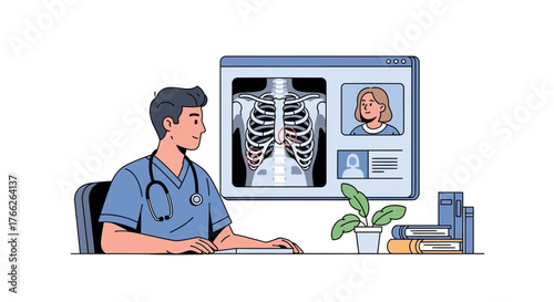 Friendly doctor reviewing patient's x-ray and medical history online, offering expert telemedicine advice, showcasing modern healthcare technology and digital consultation