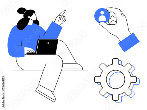Person using laptop and pointing upward, hand holding user icon, gear symbolizing process. Ideal for teamwork, innovation, decision-making, user management, workflow HR collaboration. Simple flat