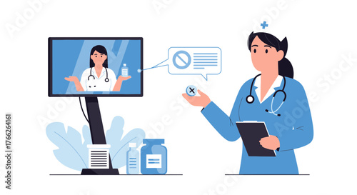 Virtual doctor consultation, online medical advice with prescription refills, modern healthcare, telemedicine, and digital health solutions during remote times