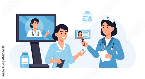 Friendly nurses providing telemedicine services and offering advice on medication, modern healthcare solutions for your peace of mind and well being today