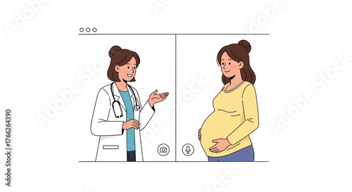 Expectant mother consults friendly doctor online for expert pregnancy guidance and support during virtual telehealth appointment, ensuring healthy motherhood