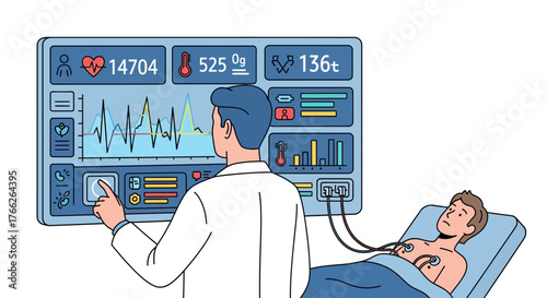 Doctor monitoring patient's vital signs on modern medical display, ensuring optimal healthcare and recovery in hospital, showcasing technology and care